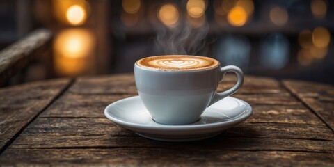 Cup of cappuccino on a rustic wooden table.
