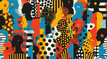 Creative bright abstract illustration of faceless silhouettes in a crowd, with various geometric patterns. Background for marketing materials, posters or digital design projects