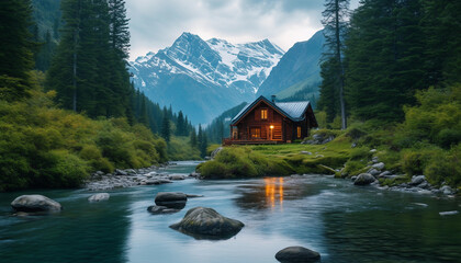 Fototapeta premium A peaceful riverside scene featuring a cozy wooden cabin nestled in a lush, green valley
