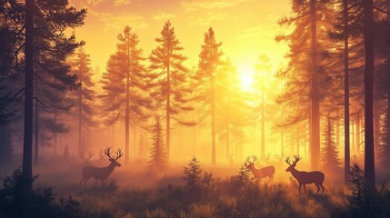 Majestic deers standing in a misty forest, illuminated by the golden glow of sunrise filtering through the tall trees.