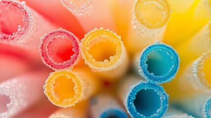 plastic straws in a rainbow of colors. A close up of straws with different colors and bubbles. Concept of playfulness and fun