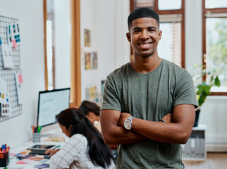 Manager, smile and portrait in creative office for startup, artist and happy for small business...