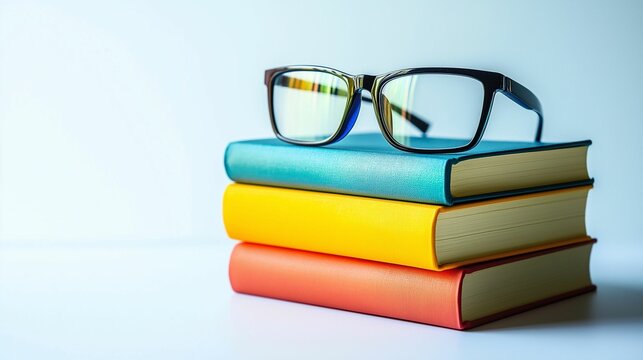 A stack of colorful books topped with blue eyeglasses, representing education, knowledge, and reading, set against a clean white background.