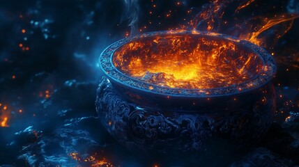 A glowing mystical fire burns in an ancient, ornate cauldron, set in a dimly lit, mysterious stone chamber.