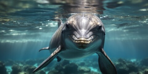 Fototapeta premium dolphin gazing at you while submerged over a reef.