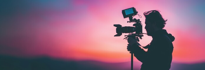 Silhouette of cameraman capturing the final moments of day, taking photo is stunning pink sky during sunset. Art of cinematography with beauty of nature