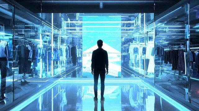 A person stands in a sleek, high-tech retail space filled with holographic displays. The atmosphere is illuminated by vibrant colors, creating an immersive shopping experience.