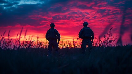 Silhouettes of two soldiers stand solemnly in a field, framed by the warm hues of sunset.