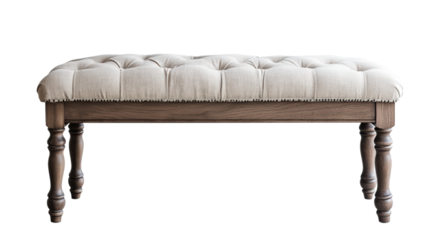 A classic and inviting bench with a beige fabric cushion and dark brown wooden legs. The tufted design adds a touch of elegance to any room. 