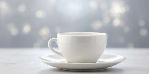 Fototapeta premium Minimalist white cup and saucer on a white surface.