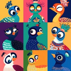 Fototapeta premium A colorful collage of stylized birds with unique patterns and expressions.