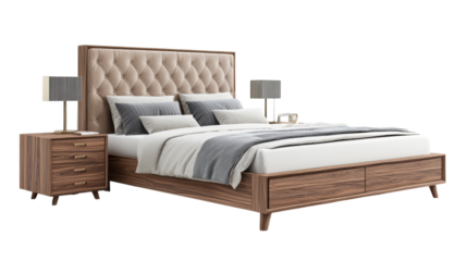A luxurious and comfortable bedroom featuring a king-size bed with a beige tufted headboard, matching bedside tables, and soft lighting, inviting a peaceful night's sleep. 