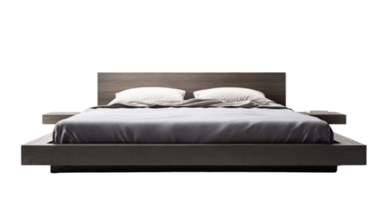 A modern, minimalist platform bed with a gray headboard and two nightstands, inviting a peaceful night's sleep. The neutral color palette and clean lines create a serene and calming atmosphere in the 