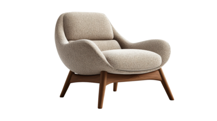 A modern armchair with a warm, inviting design, perfect for relaxing after a long day. The neutral beige upholstery and sleek wooden frame add a touch of elegance to any living space. 