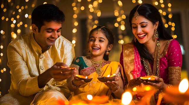 Portrait of an Indian family celebrating the Diwali festival with traditional Indian a cheerful joyful expression - Powered by Adobe