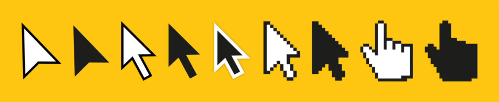 Pointer cursor icons. Computer web arrows mouse cursors and clicking line pointer cursor selecting. Pixel hand, pointer hand, arrow and hourglass logo vector isolated icons 10 eps.