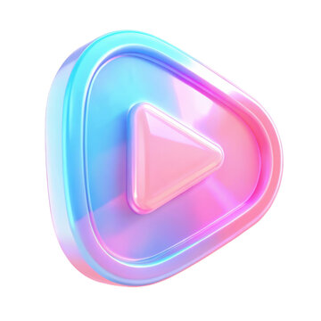 Holographic 3D play button icon design featuring vibrant iridescent colors and a modern, shiny appearance. Isolated on transparent background, png.