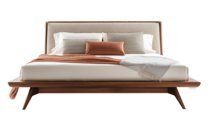 A modern and stylish bed with a wooden frame and a comfortable mattress, perfect for a good night's sleep and sweet dreams. The bed is adorned with pillows and a blanket in neutral tones, creating a c