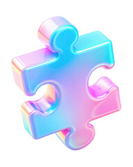 Obraz premium Holographic 3D puzzle piece icon design featuring iridescent colors and a modern, shiny appearance. Isolated on transparent background, png.
