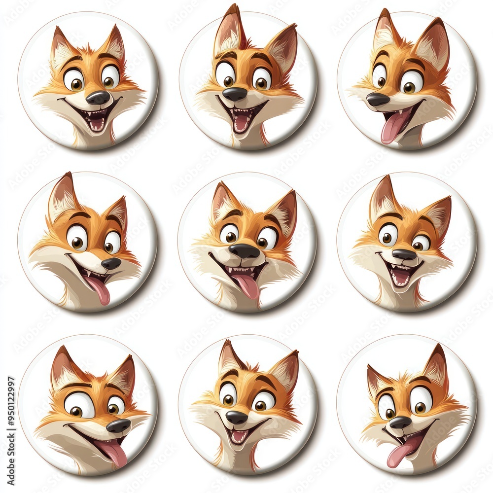 Poster A collection of cartoon fox faces displaying various cheerful expressions.