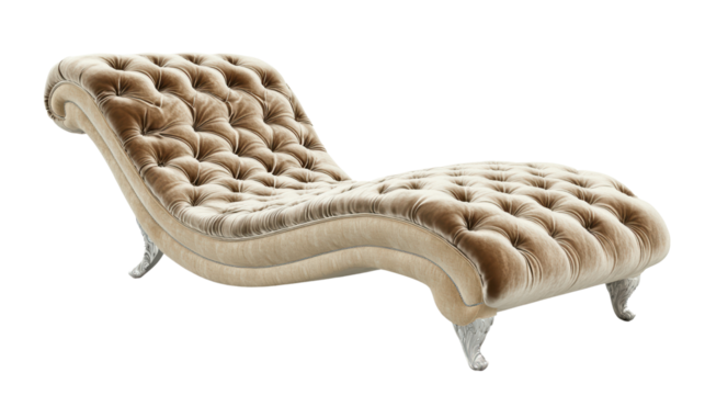 A luxurious and comfortable chaise longue, perfect for relaxing in style. The velvet upholstery and tufted details exude elegance and sophistication. 
