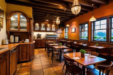 Obraz premium Rustic Cafe Interior with Vintage Wooden Accents and Inviting Warm Hues