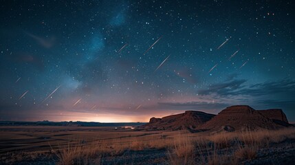 Obraz premium Meteor shower lighting up the sky over a desert landscape