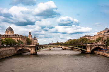 Fototapeta premium Panoramic view of bridge and Seine river in Paris city, France