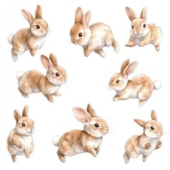 A collection of cute rabbits in various poses and expressions.