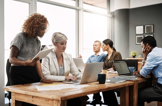 Business, laptop and people in office for advice, help and feedback in finance department. Businesswoman, staff or tech at table for information, accounting or research for company growth or coaching