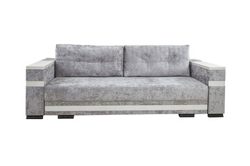 Gray sofa with velor fabric pillows isolated on a white background. Cushioned furniture.