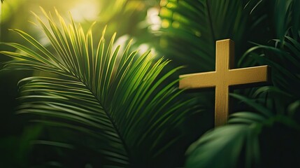 Close-up of palm branches and a cross, representing the Christian celebration of Palm Sunday