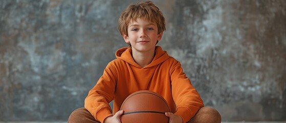 A cheerful young boy sitting cross-legged and holding a basketball.