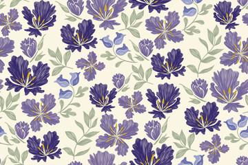 Minimal Floral pattern seamless embroidery texture purple blue flower motifs. Vintage ikat style vector illustration design hand drawn . © Wita Pixs