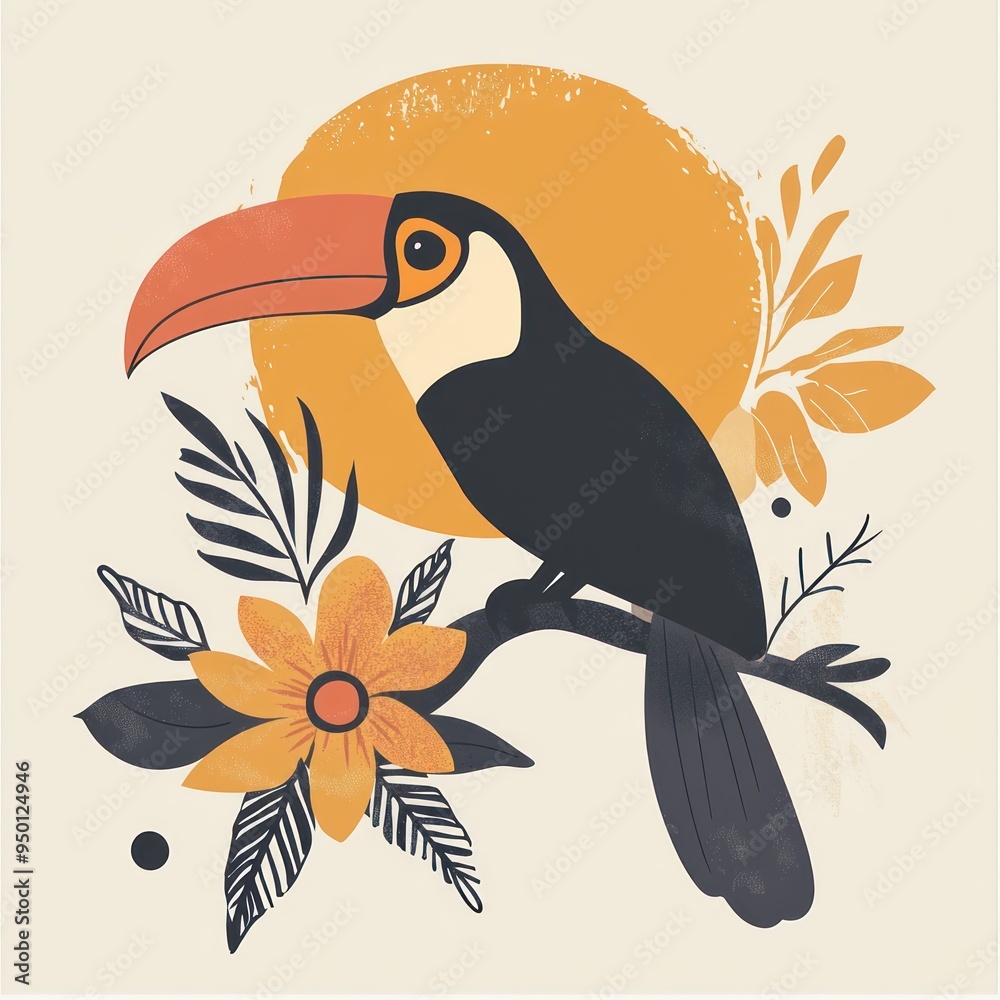 Sticker A colorful toucan perched on a branch with a sun and floral elements in a stylized design.