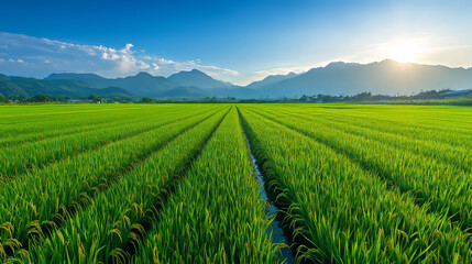 Expansive view of lush green rice fields stretching towards distant mountains under a clear sky at sunrise, capturing the serene beauty of nature.
