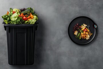 Food Waste Awareness: A powerful image of a trash bin overflowing with food waste next to a plate with a small portion of food, symbolizing the contrast between abundance and need. The background shou