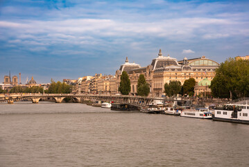 Panoramic view of bridge and Seine river in Paris city, France