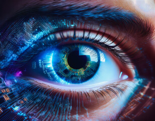 A close-up blue eye, surrounded by circuits merging with skin, symbolizes the fusion of human identity and technology.