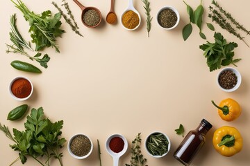 Elevated Perspective of Herbs and Spices on Blank Background for Culinary Interest and Flavor Arrangements