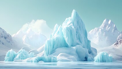 A large iceberg stands tall in a field of icebergs, with snow-capped mountains in the background. The ice is a beautiful, bright blue, and the sky is a clear blue.