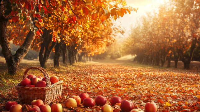 A basket filled with freshly picked apples in a vibrant autumn orchard, surrounded by fallen leaves and warm sunlight.
