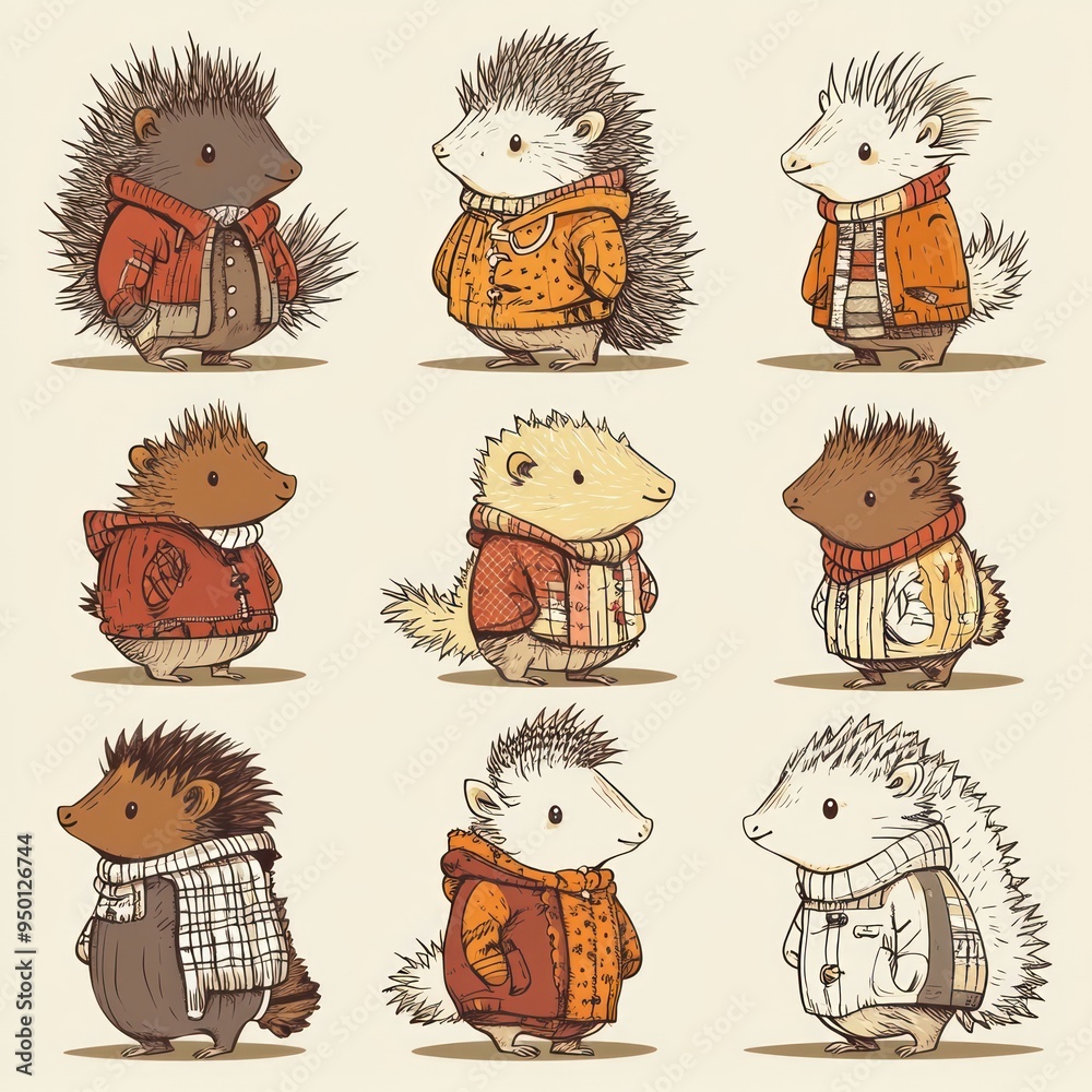 Poster A cute illustration of hedgehogs in various outfits and poses.