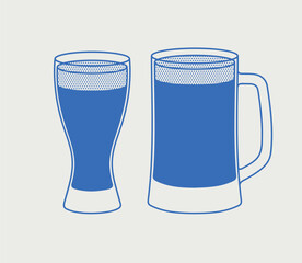 Glass and mug with beer. Line art, retro. Vector illustration for bars, cafes, and restaurants.