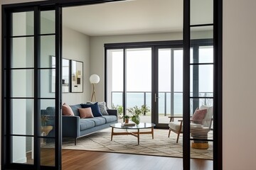 Fototapeta premium Modern Living Room Window Glass Frame Design on Simple Background
