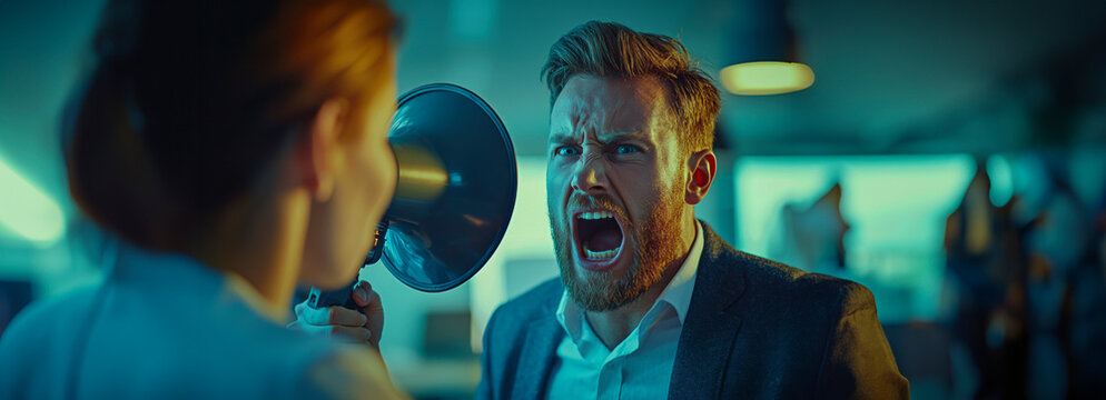 Intense Office Confrontation CEO's Megaphone Tirade Sparks Workplace Tension and Business Conflict in Close-Up Shot