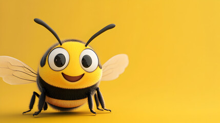 Cute Cartoon Bee Plush Toy with Friendly Expression on Yellow Background