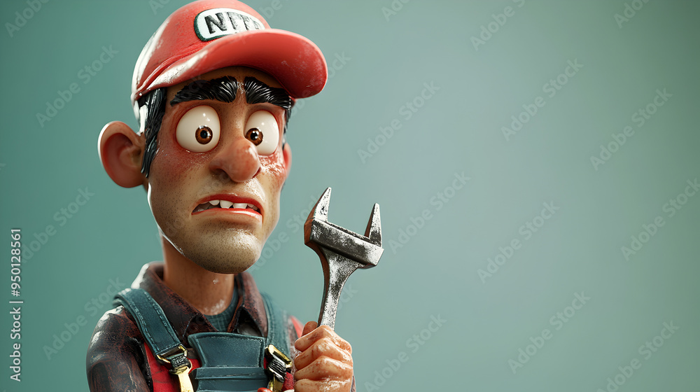 Wall mural Cartoon Handyman Worker Holding Wrench with Worried or Frustrated Expression