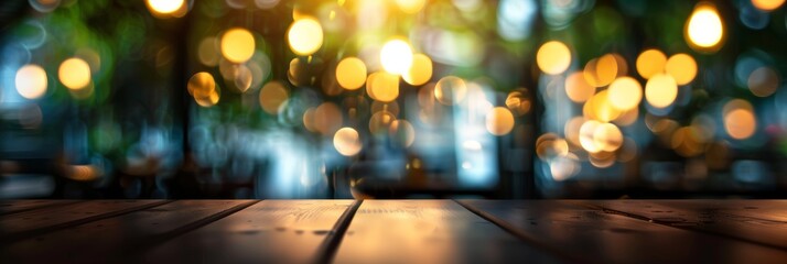Empty Wood Table with Decorative Outdoor String Lights for display product
