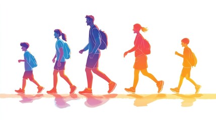Obraz premium A colorful illustration of people walking in a line, representing movement and progression.